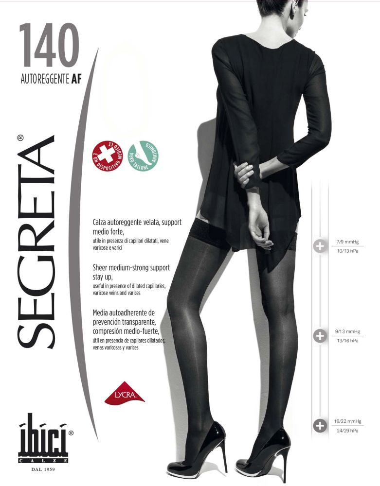Ibici Segreta 140 Autoreggente - 140 denier medium-strong compression support hold-ups. These hold-ups are transparent with a light mesh look with lace top and silicone, anatomical heel and reinforced toes. Useful in the presence of dilated capillaries, varicose veins and for long haul flights.