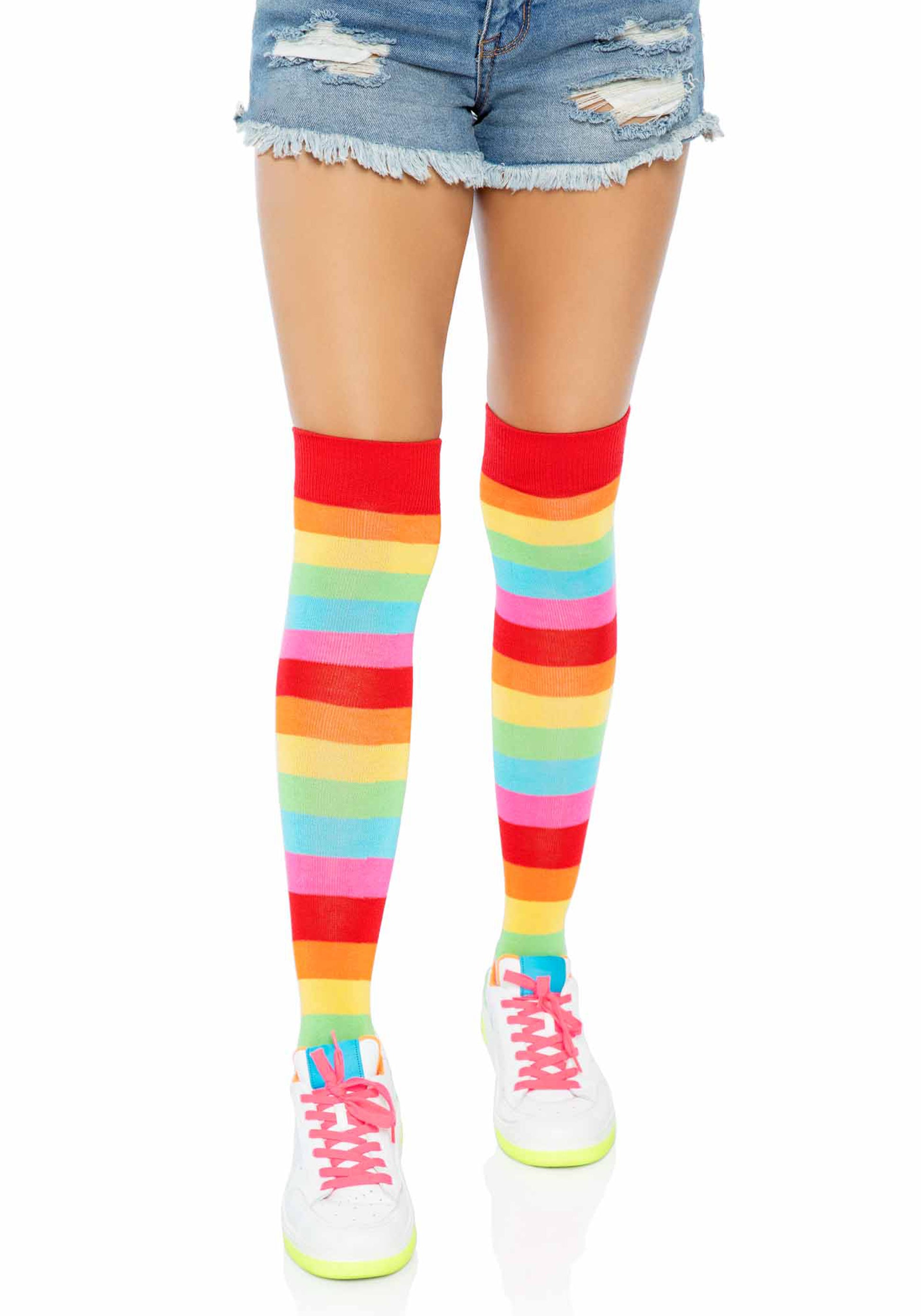 Leg Avenue 6334 Rainbow Thigh-High Socks - Multicoloured horizontal stripe over the knee socks with elasticated cuff.