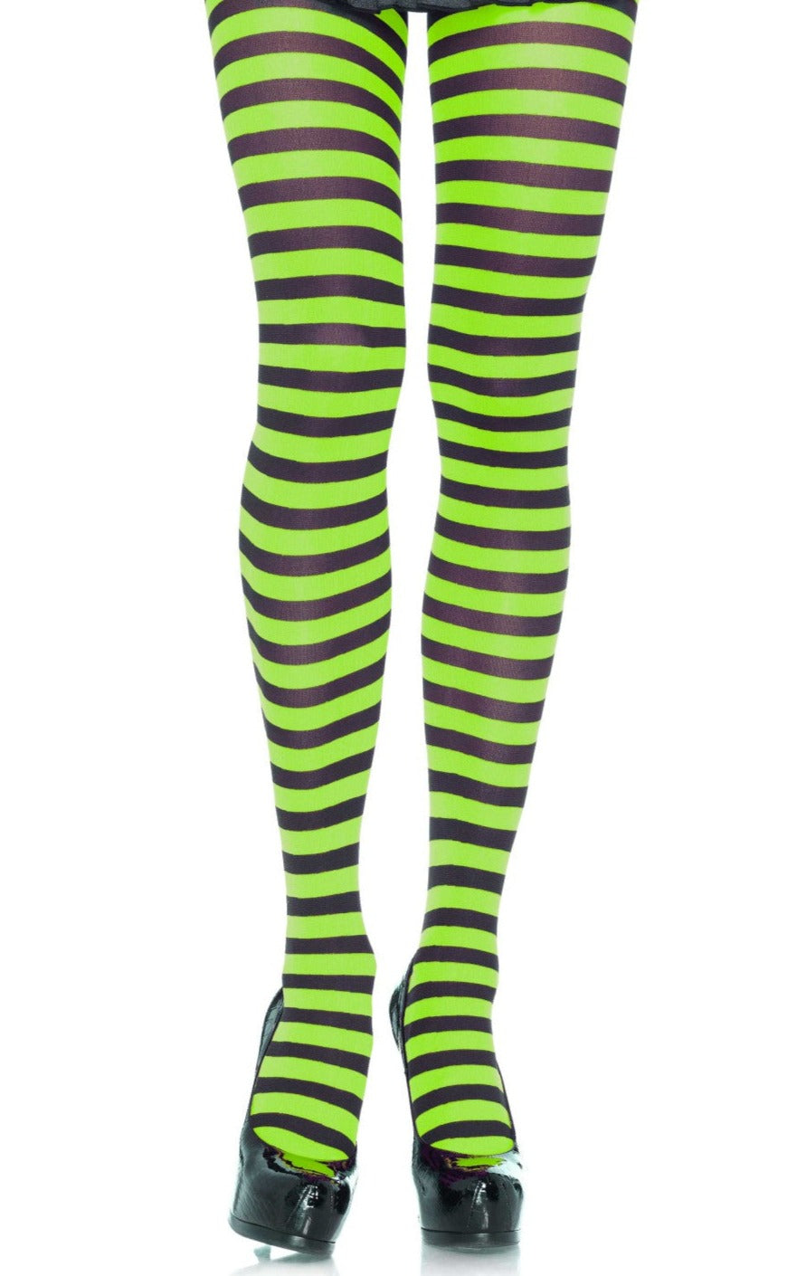 Leg Avenue 7100 Nylon Stripe Tights - neon green and black horizontal striped pantyhose