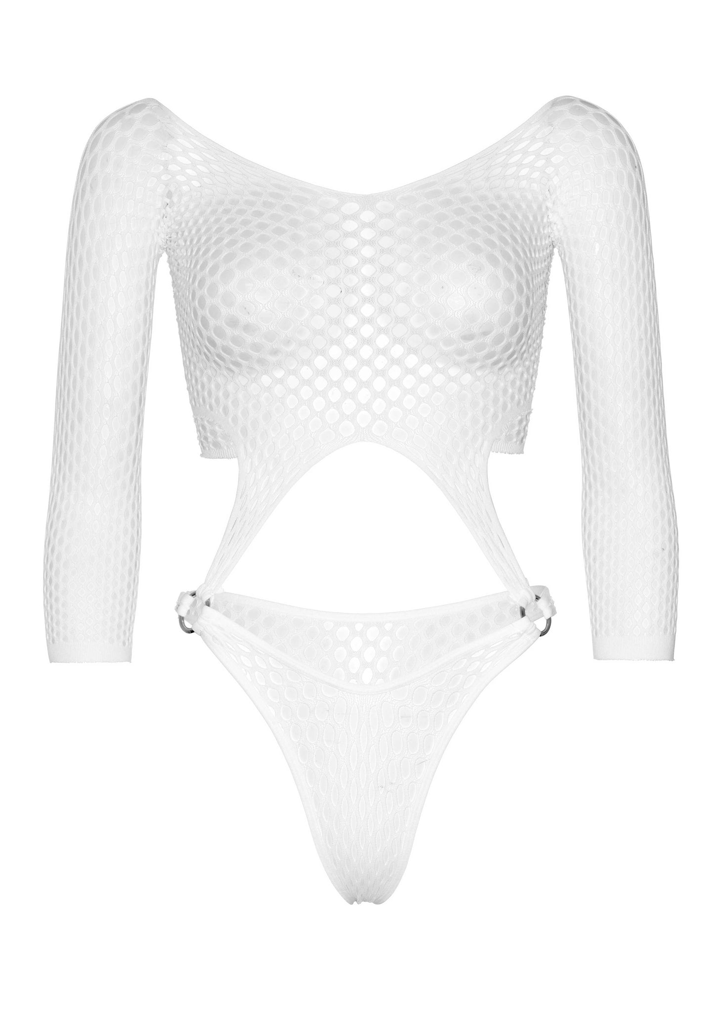 Leg Avenue 89289 Fishnet Bodysuit - White long sleeved pothole fishnet crop top with thong panty attached with silver O-rings.