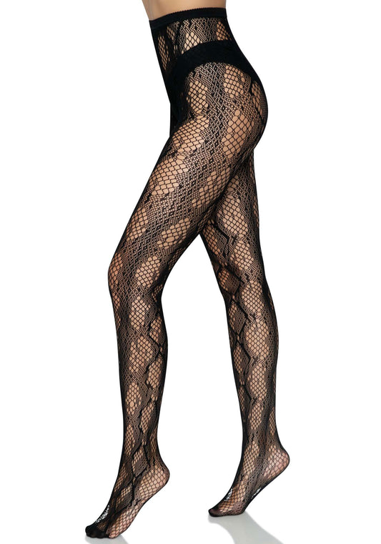 Leg Avenue 9719 Python Net Tights - Black fishnet lace tights with woven snake skin print style pattern.