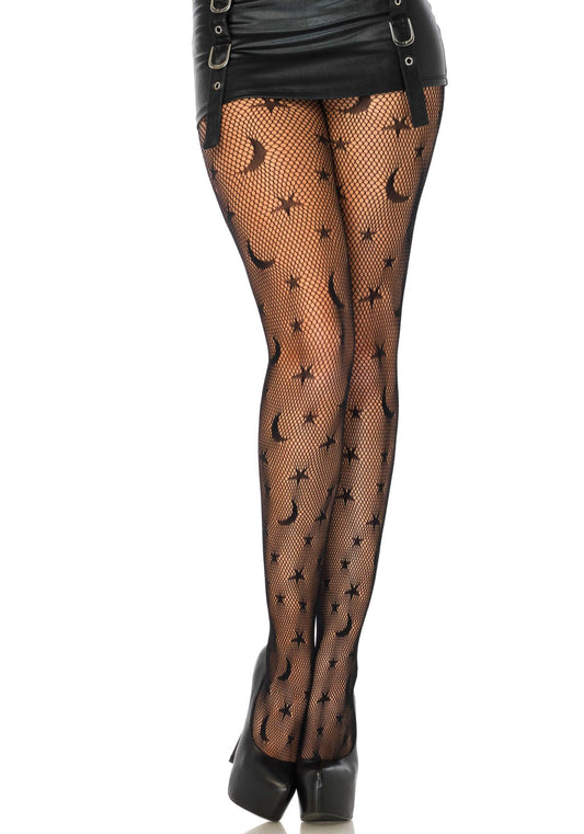 Leg Avenue 9754 Celestial Tights - Black openwork fishnet tights with stars and moons pattern, perfect for Halloween