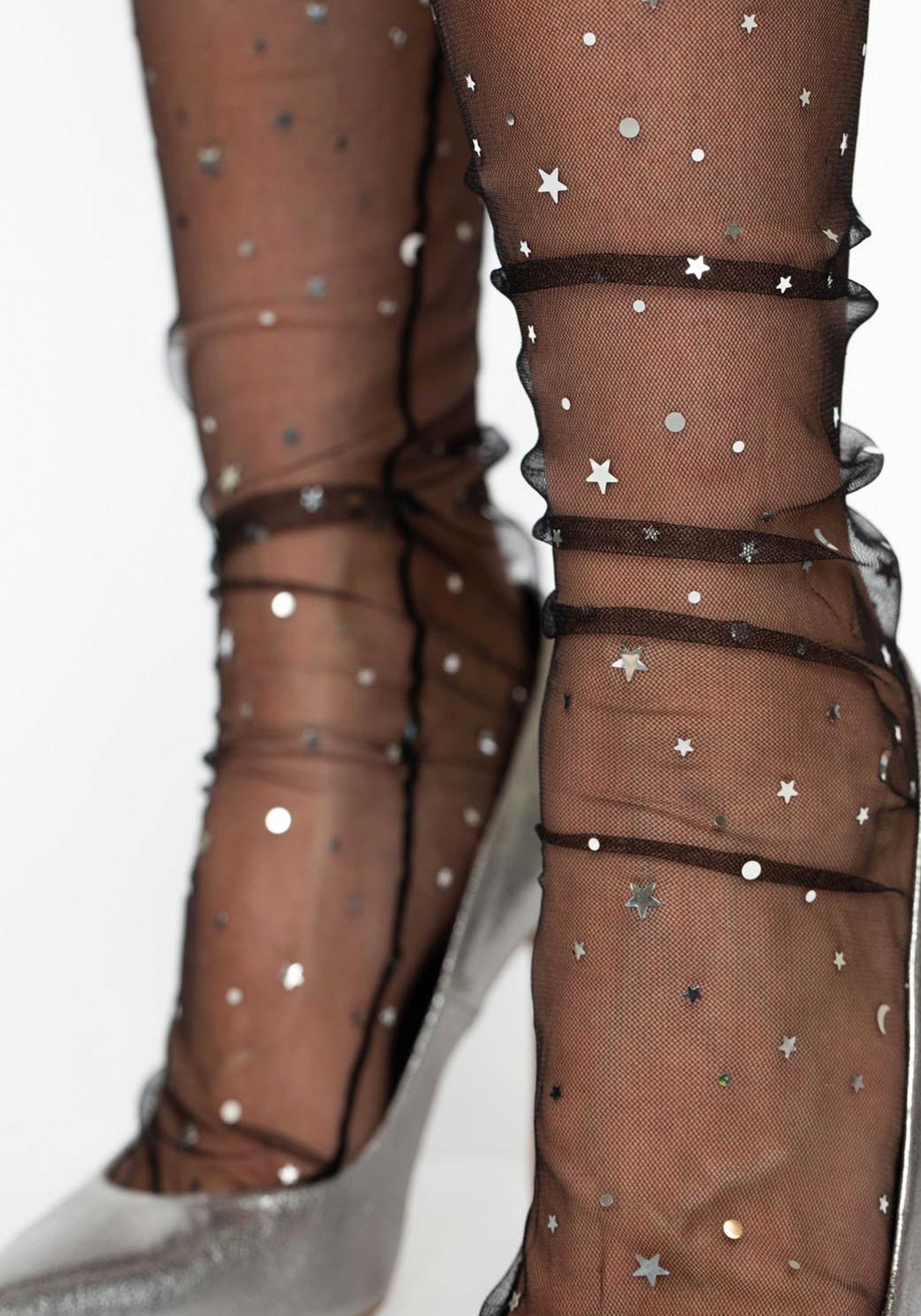 Leg Avenue 3047 Tulle Star and moons socks - sheer mesh black fashion socks with metallic silver embellishments