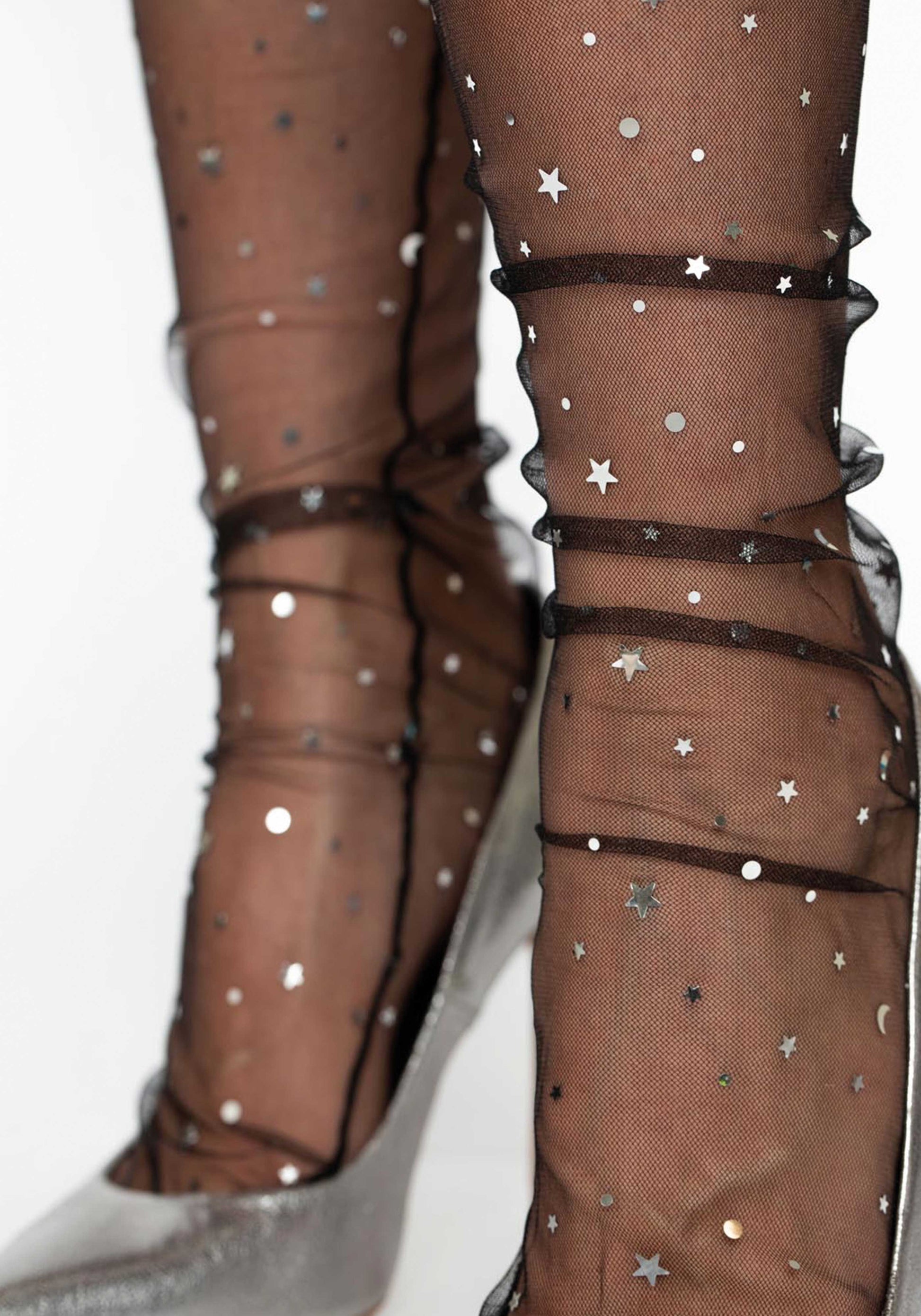 Leg Avenue 3047 Tulle Star and moons socks - sheer mesh black fashion socks with metallic silver embellishments