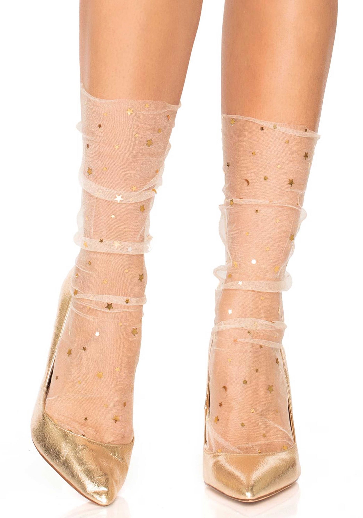 Leg Avenue 3047 Tulle Star and moons socks - sheer mesh cream ivory socks with metallic gold embellishments