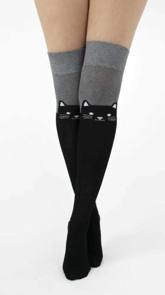 Pamela Mann Cat Over-Knee Socks - Cotton mix over the knee socks with a cute black cat on the front, tail on the back with grey top and deep elasticated cuff.