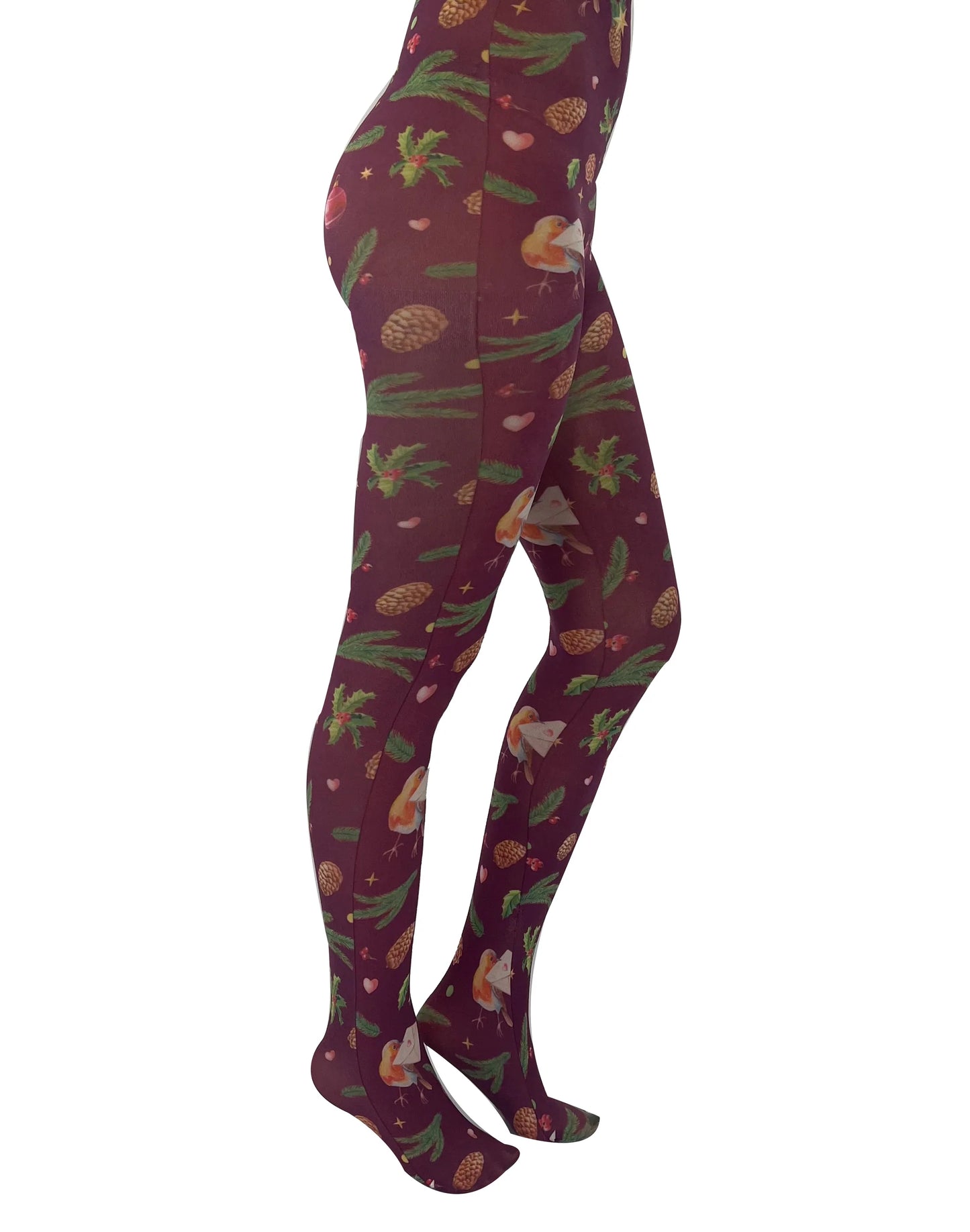Pamela Mann Robin Printed Tights - White opaque tights with an all over Christmas themed print of Robins delivering letters, holly, pine cones, baubles, stars and hearts on a wine / burgundy background.