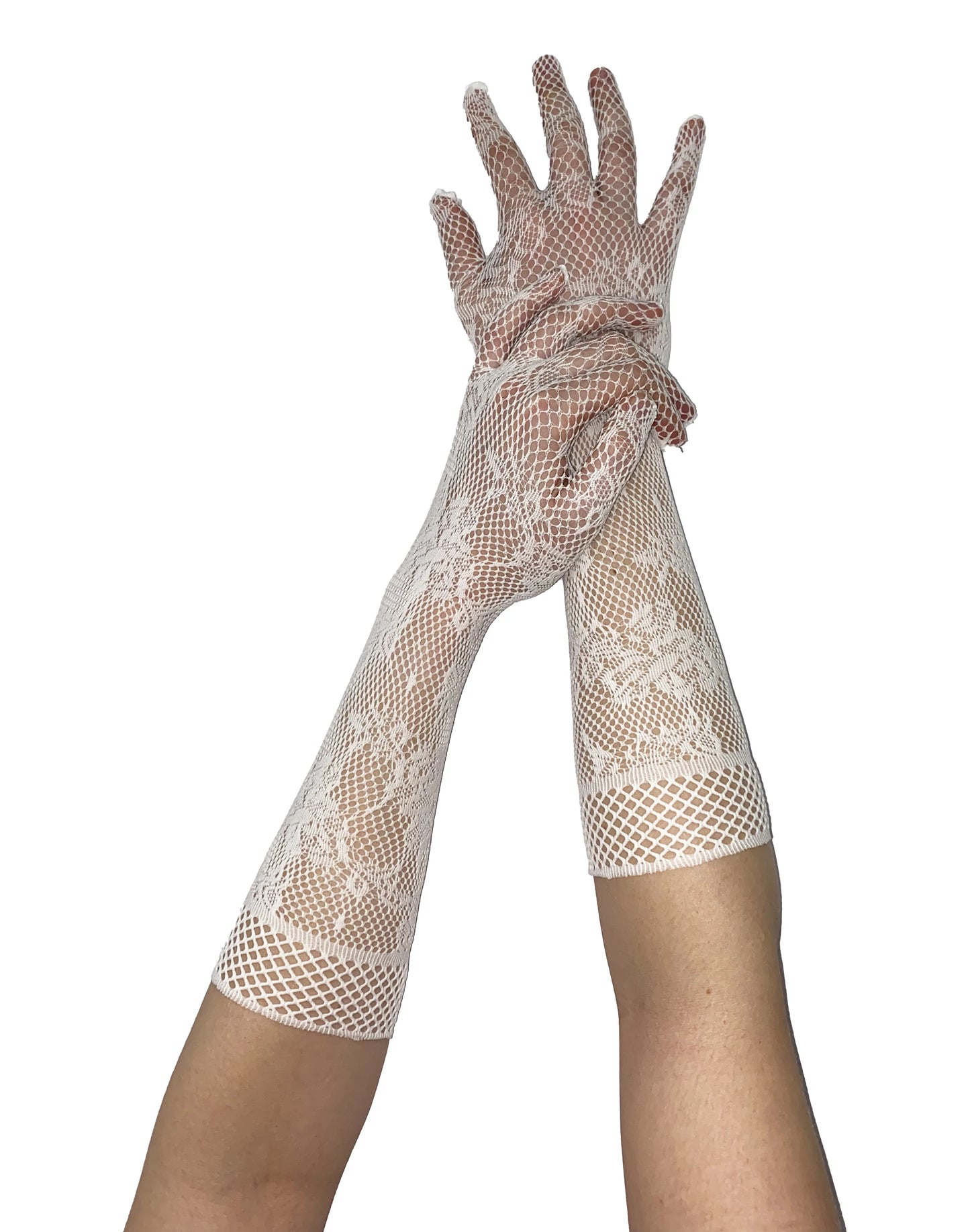 Pamela Mann Fishnet Floral Gloves - Long openwork white flower lace style fishnet gloves.
