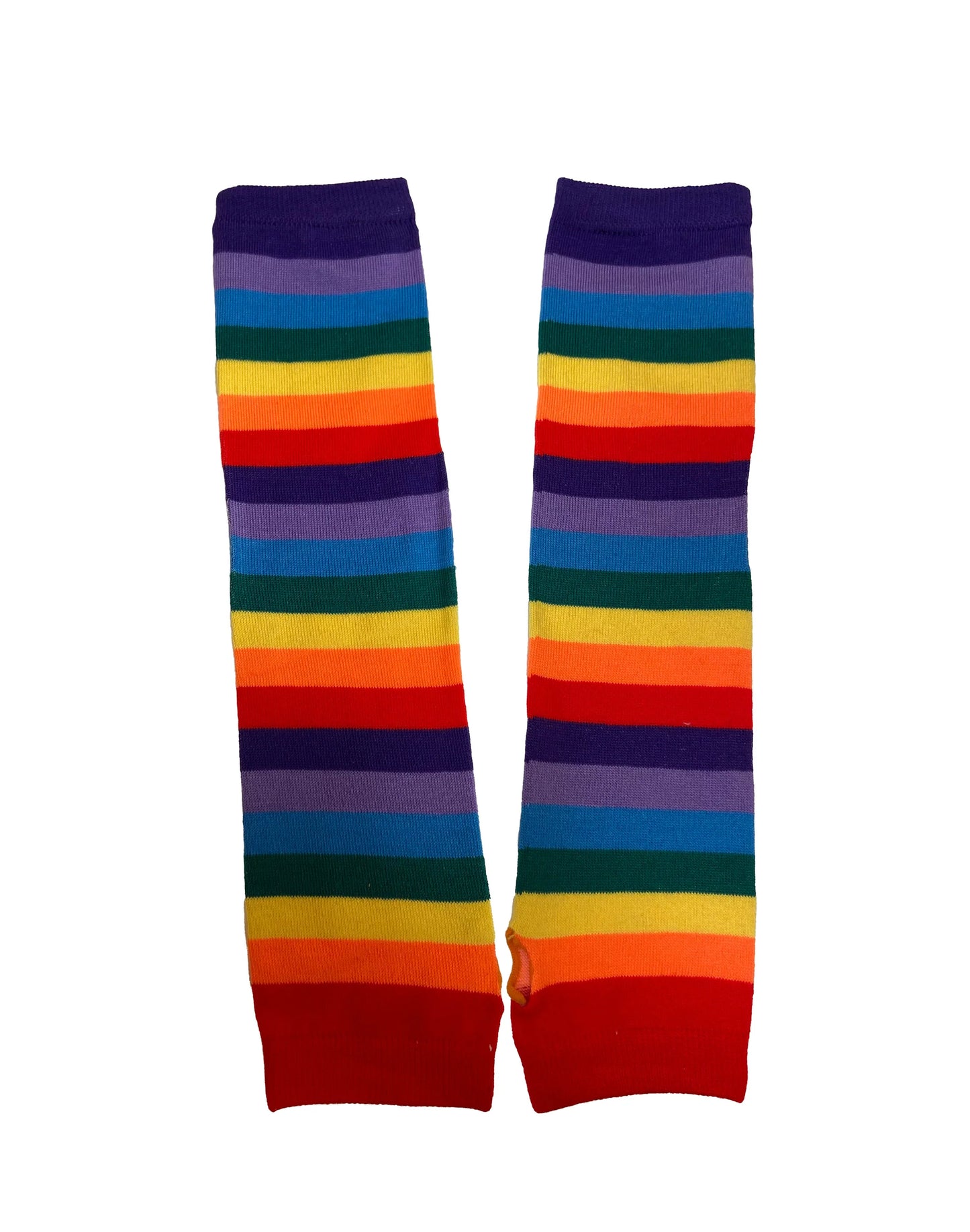Pamela Mann Rainbow Stripe Sleevers - Multicoloured horizontal rainbow striped knitted tube arm sleeves with a hole for your thumb, can also be worn as a neat legwarmer.