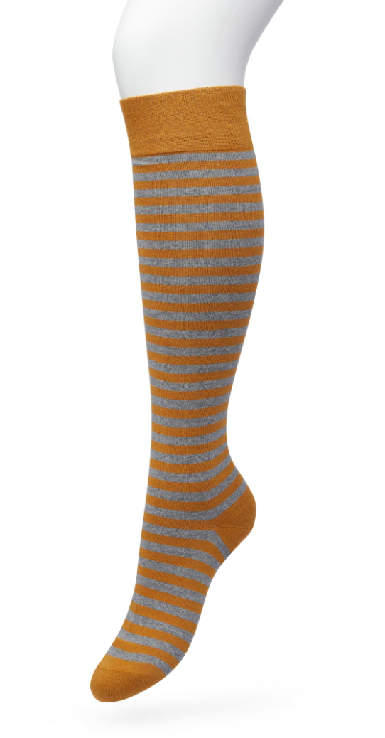 Bonnie Doon BP211511 Basic Stripe Knee-High - Cotton knee-high socks with a grey and mustard horizontal stripe with contrast colour, shaped heel, flat toe seam and deep elasticated cuff.