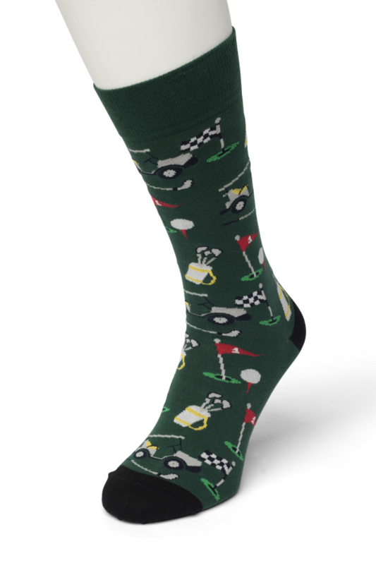 Bonnie Doon Golf Sock - Men's dark green cotton ankle socks with a golf themed pattern of clubs, flags, buggies and balls.