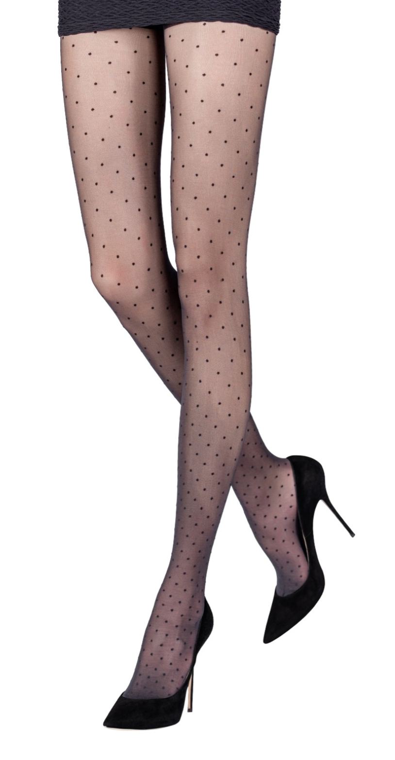 Emilio Cavallini Twisted Plumetis Tights - Sheer black soft matte fashion tights with an all over woven spot pattern. Worn with black mini skirt and back stiletto heal shoes.