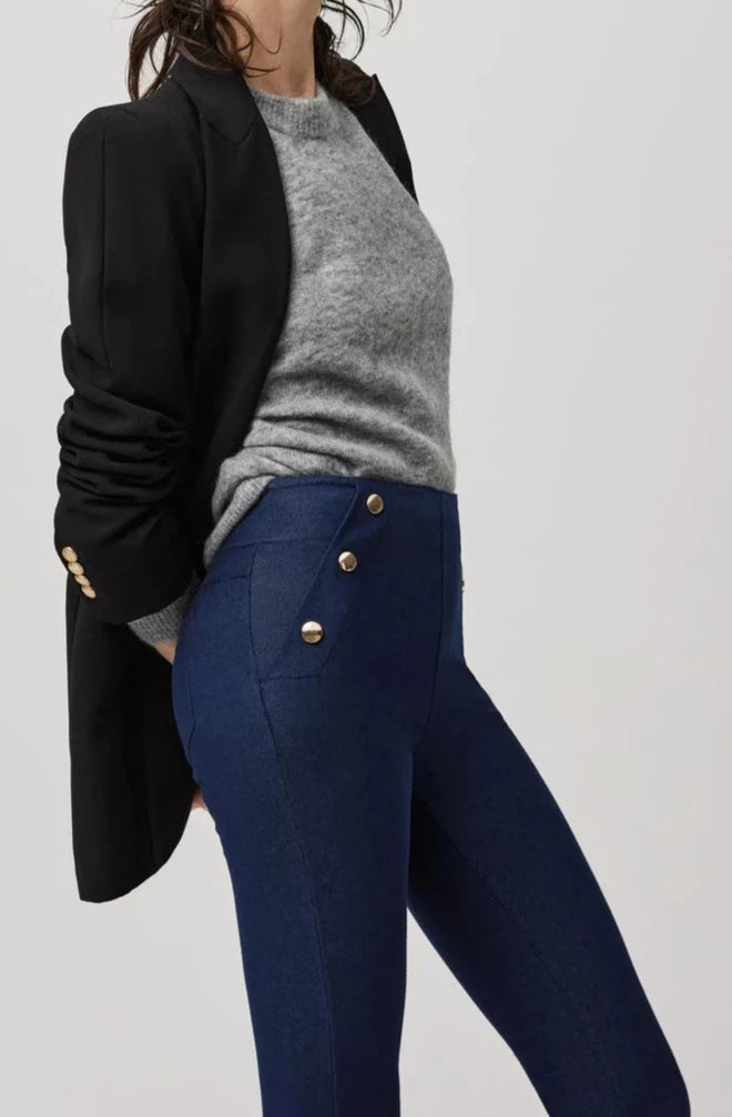Ysabel Mora 70170 Buttoned Jeggings - High rise dark denim jean leggings (jeggings) with faux front pockets lined with gold buttons and back pockets.