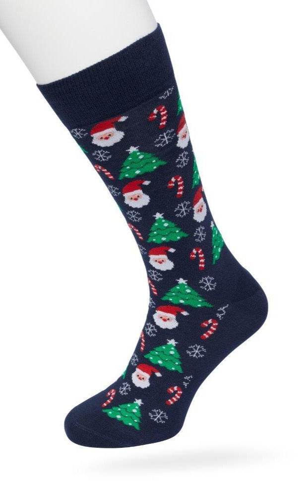 Bonnie Doon BP212512 / BP211512 Santa Sock - Navy Christmas themed cotton crew length ankle socks with Santas, candy canes, snowflakes and Xmas trees, baubles and flat toe seams.