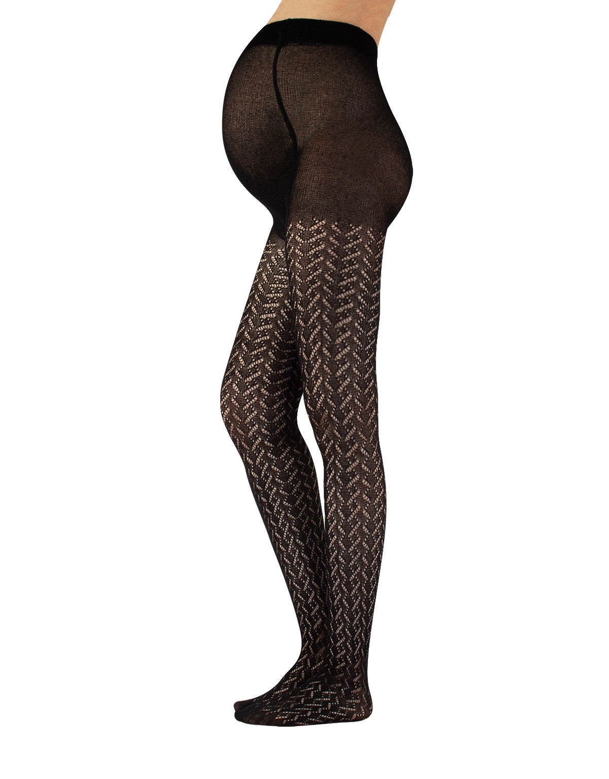 Calzitaly Crochet Maternity Tights - Black knitted cotton pregnancy fashion tights with an openwork cable knit style pattern, plain top, extra panel, flat seams and plain toe.