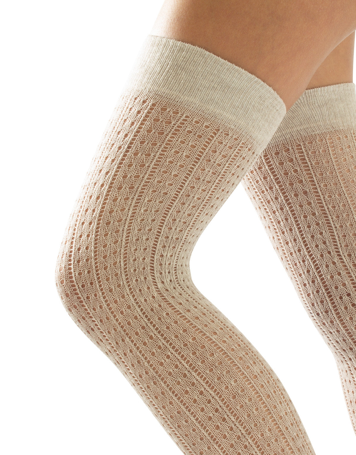 Calzitaly Geometric Over-Knee Socks - Knitted beige over the knee socks with an openwork spotted vertical rib style pattern, plain elasticated cuff and plain toe.