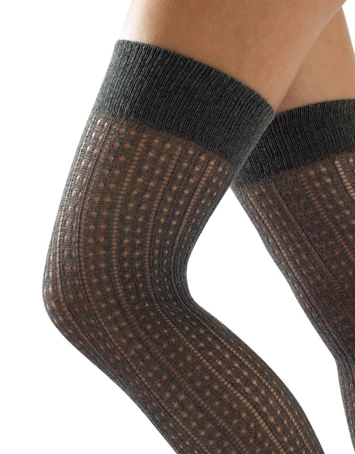 Calzitaly Geometric Over-Knee Socks - Knitted grey over the knee socks with an openwork spotted vertical rib style pattern, plain elasticated cuff and plain toe.