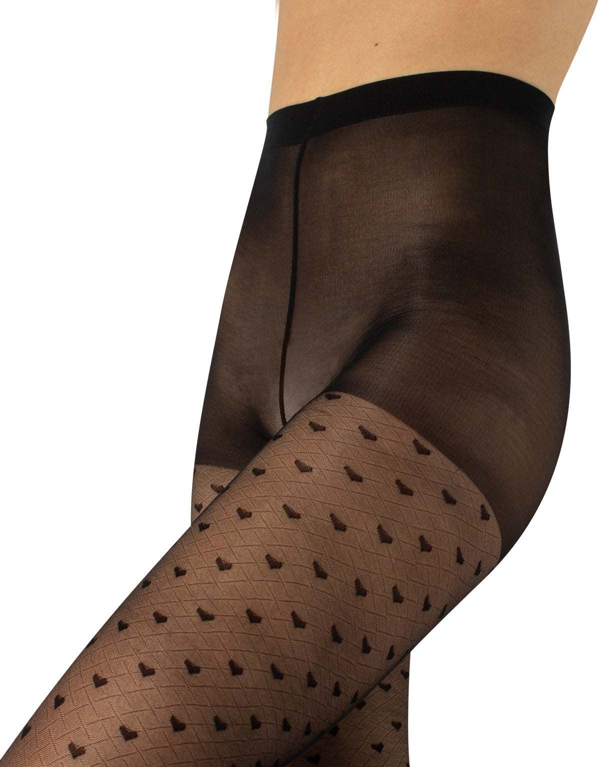 Calzitaly Heart Tights - Sheer black fashion tights with a light diamond fishnet effect with all over hearts pattern, plain opaque boxer brief, deep waistband, flat seams and cotton gusset.