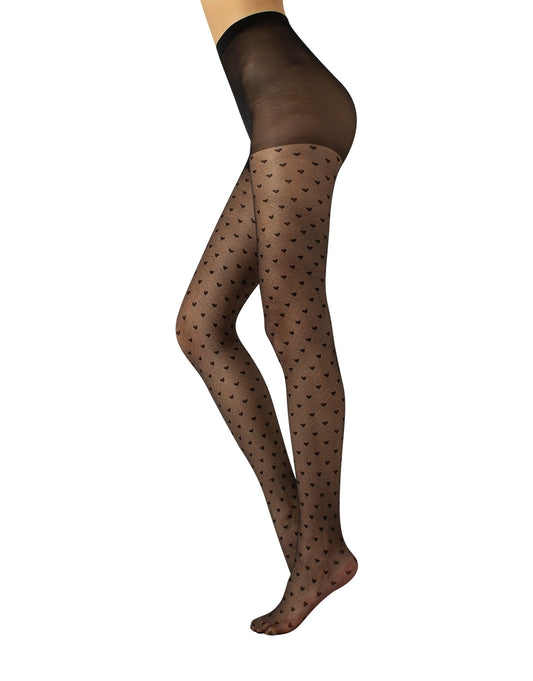 Calzitaly Heart Tights - Sheer black fashion tights with a light diamond fishnet effect with all over hearts pattern, plain opaque boxer brief, deep waistband, flat seams and cotton gusset.