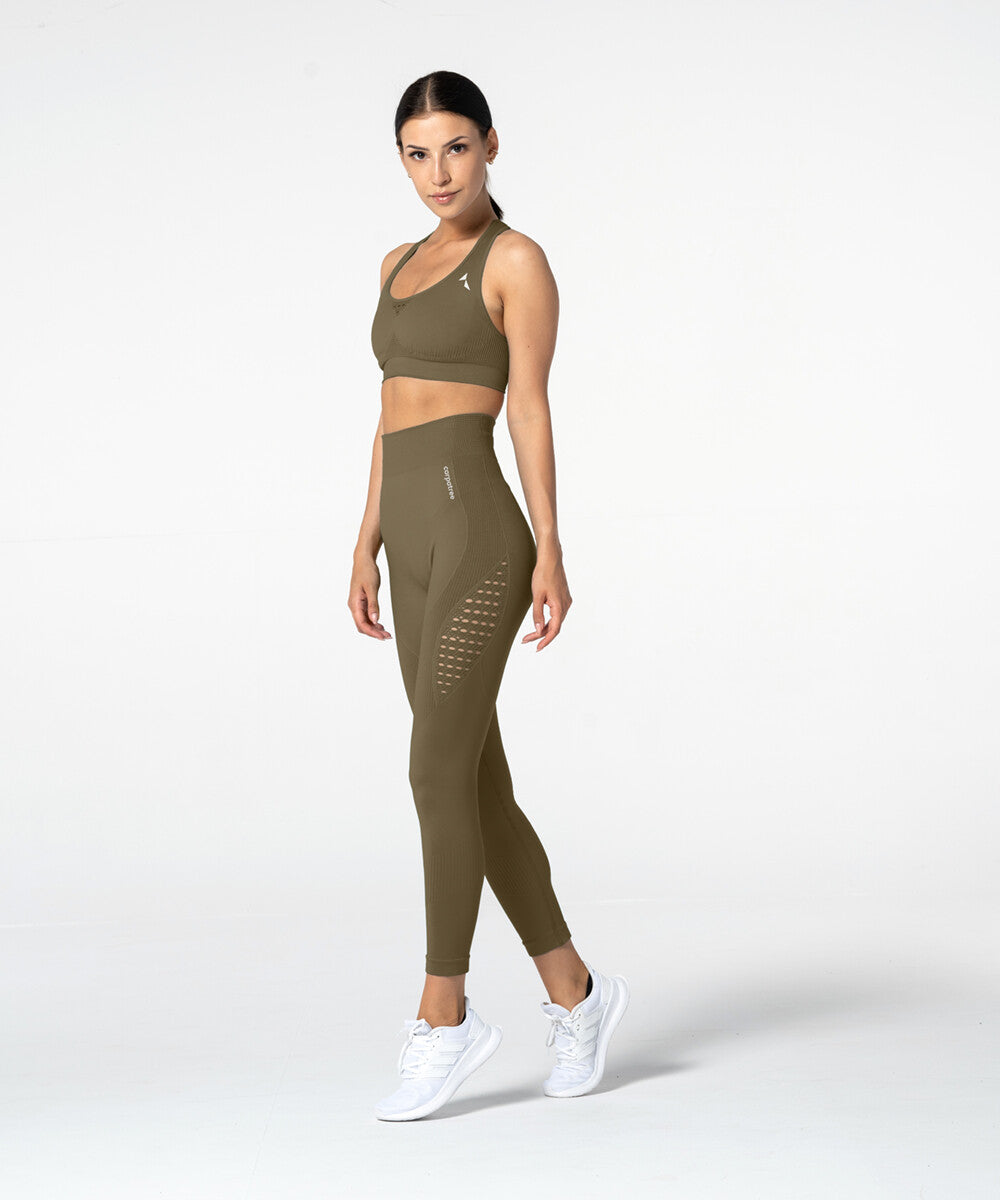 Carpatree Phase Seamless Leggings - Faded khaki green high waisted seamless leggings made of thick stretch fabric with ventilating mesh side panels.