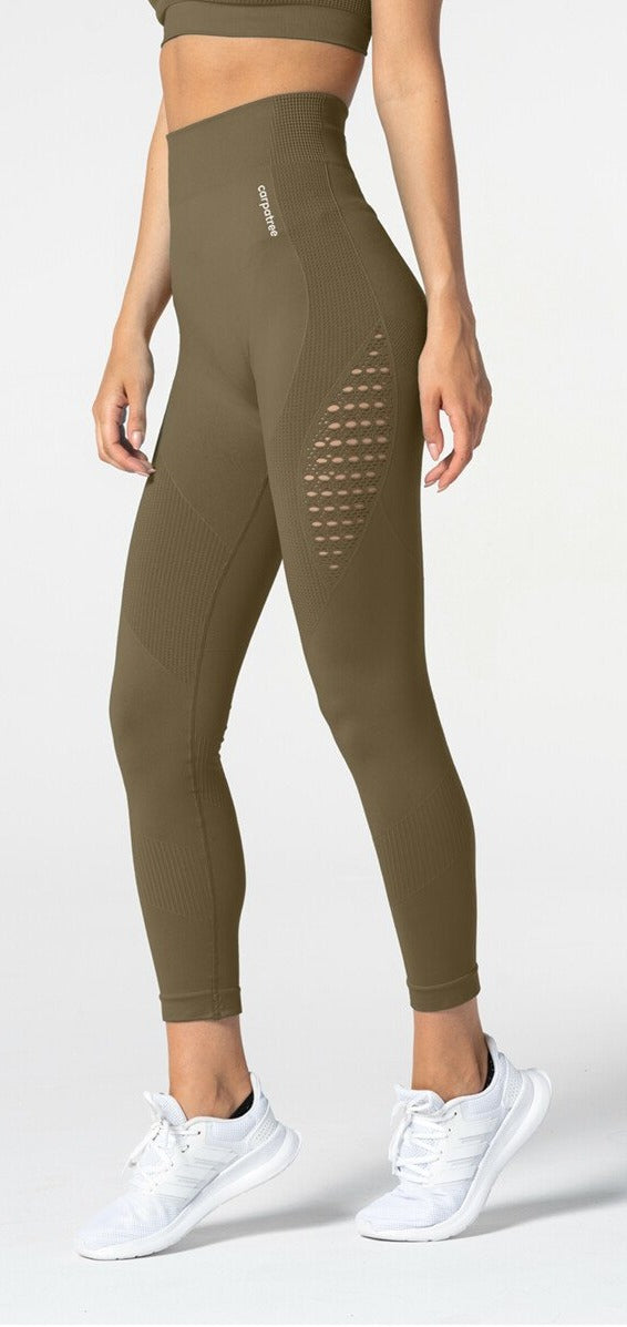 Carpatree Phase Seamless Leggings - Faded khaki green high waisted seamless leggings made of thick stretch fabric with ventilating mesh side panels.