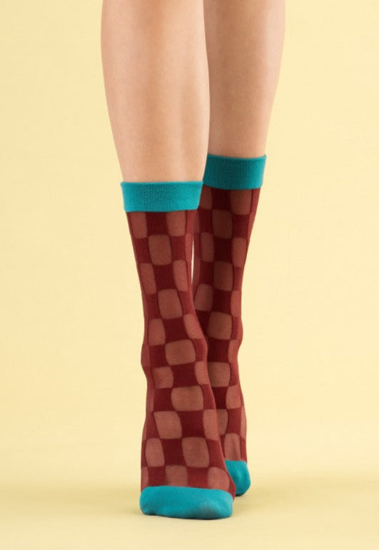 Fiore Check Twice Sock - Sheer and opaque checkered pattern fashion ankle socks with a teal blue opaque toe and cuff.