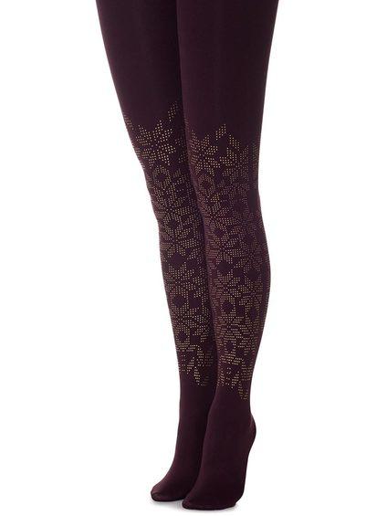 Zohara F541-PG Lace Flower Cream Tights - burgundy opaque tights with gold snowflake fairisle print