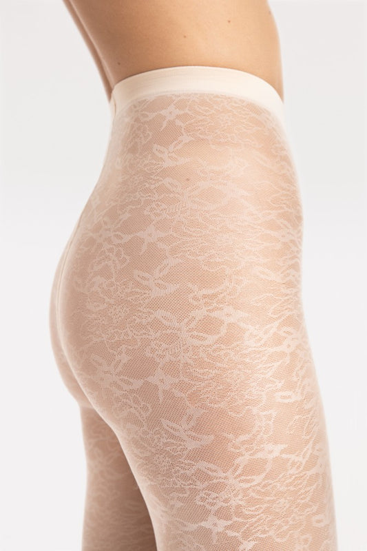 Fiore Ariel Tights - Sheer cream micro mesh fashion tights with an all over woven floral lace style pattern.