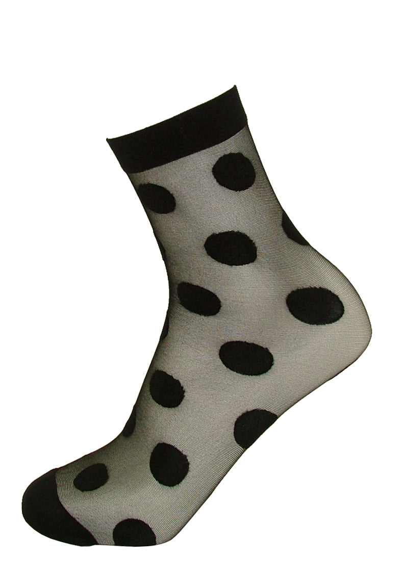 Fiore Virginia Socks - Sheer black fashion ankle socks with a woven opaque polka dot pattern, plain deep cuff and opaque toe.