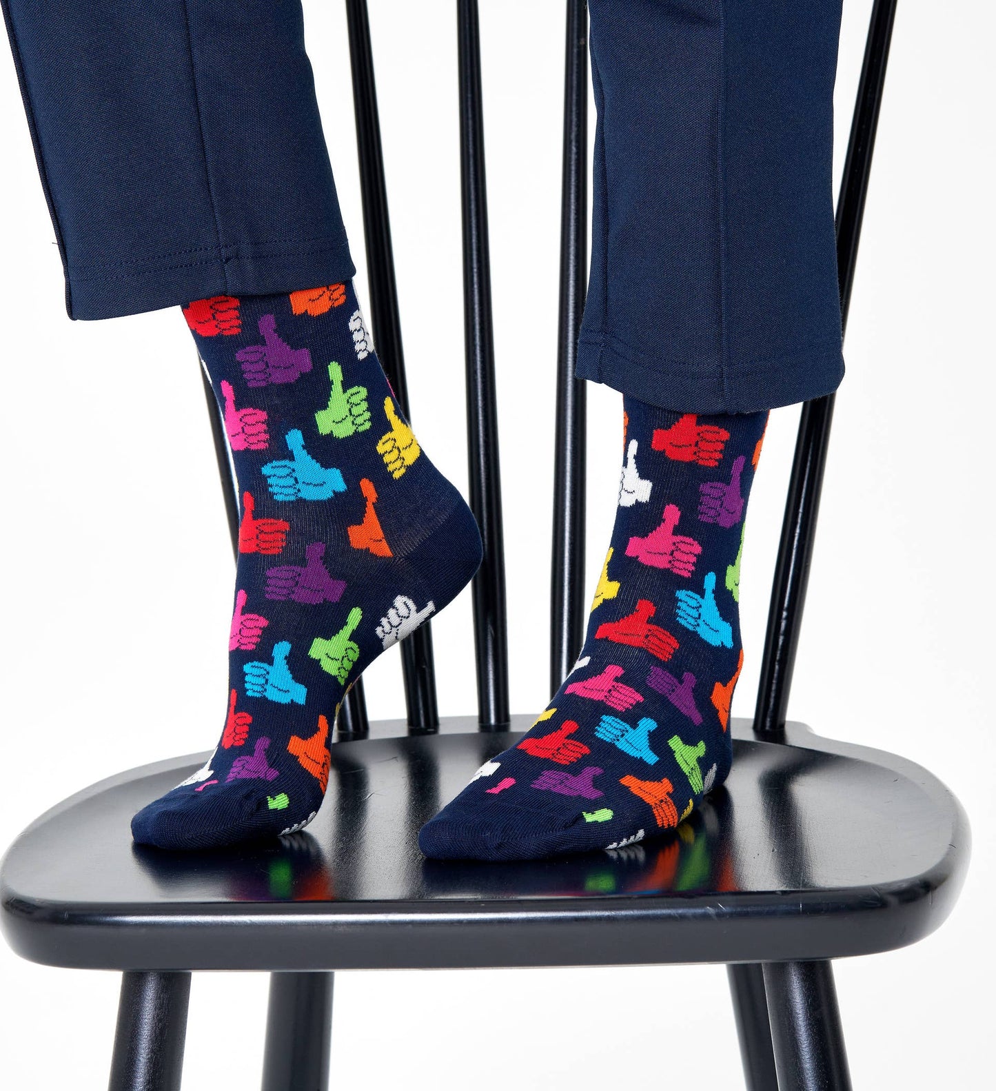 Happy Sock THU01-6500 Thumbs Up Sock - Dark navy cotton crew socks with multicoloured thumbs up pattern.