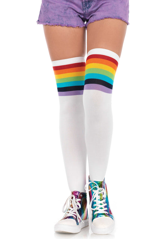 Leg Avenue 6612 Over The Rainbow Socks - White opaque thigh high socks with a horizontal stripe rainbow cuff.