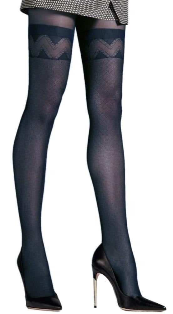 Omsa 3455 Swap Collant - Semi-sheer dark blue fashion tights with a mock over-the-knee sock in a geometric pattern and shaping control-top panty.