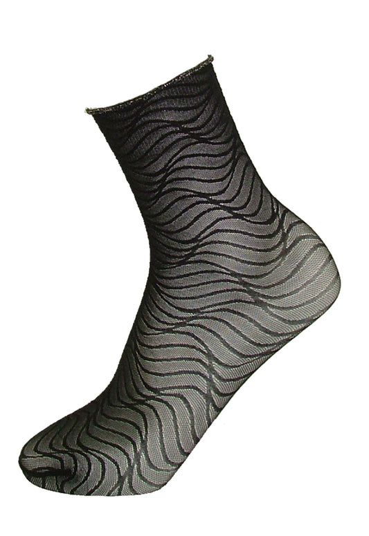 Omsa 3567 Onde Calzino - Sheer black micro mesh ankle socks with a wavy woven pattern and silver metallic edge roll cuff.