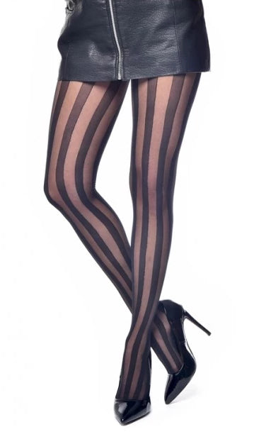 Pamela Mann Solid Sheer Stripe Tights - black tights with sheer and opaque vertical stipes