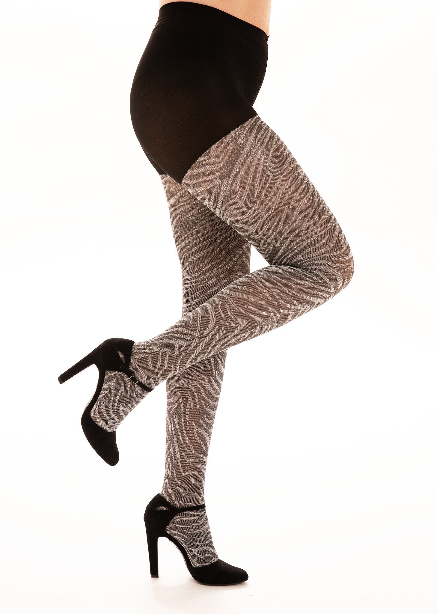 Pamela Mann Zebra Lurex Tights - Silver lamí© fashion tights with a woven zebra pattern and plain black boxer brief top.