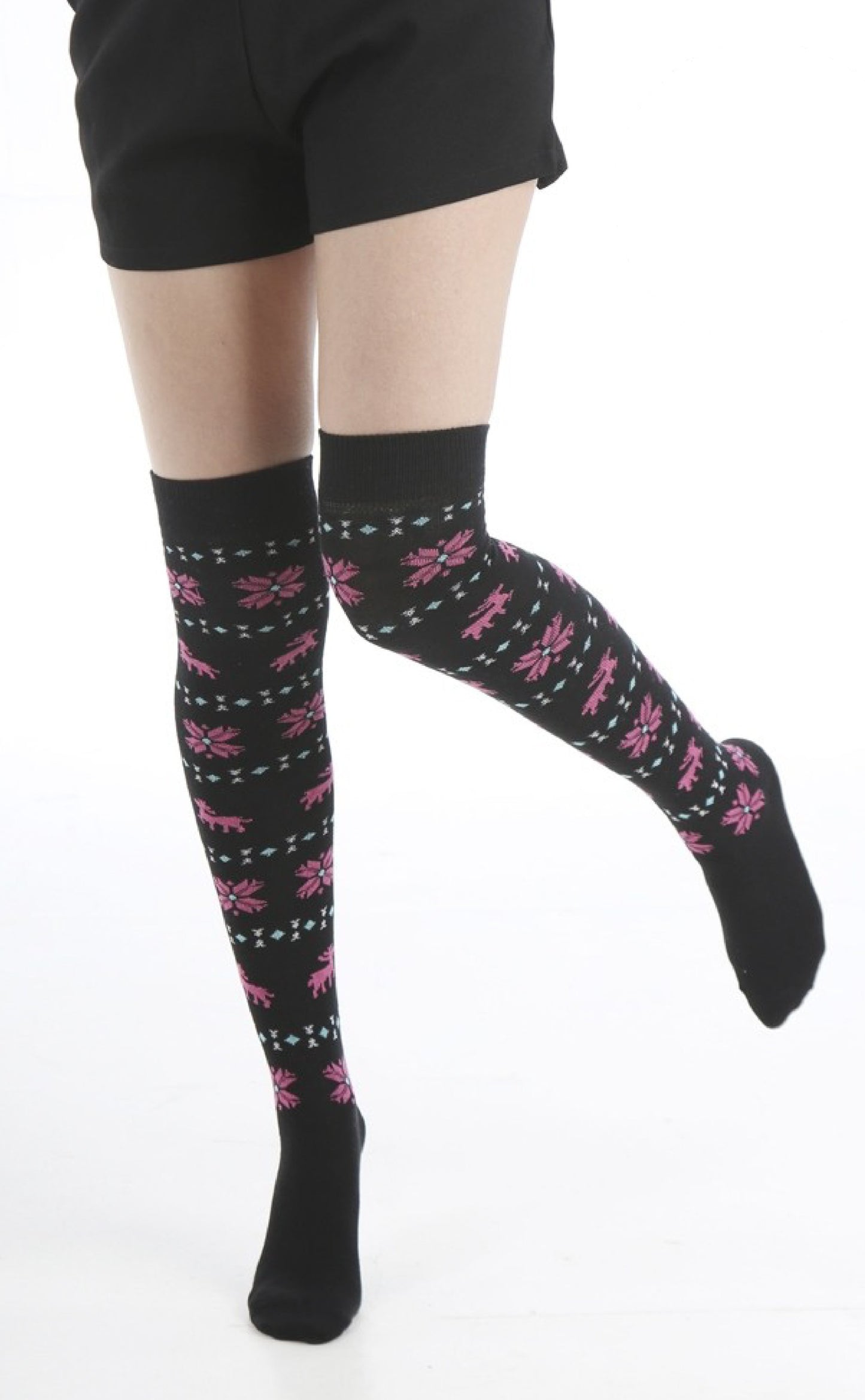 Pamela Mann Xmas Reindeer Over-Knee Socks - Christmas over the knee cotton socks with a fairisle style pattern of reindeers, snowflakes and diamond shapes. Available in black and pink