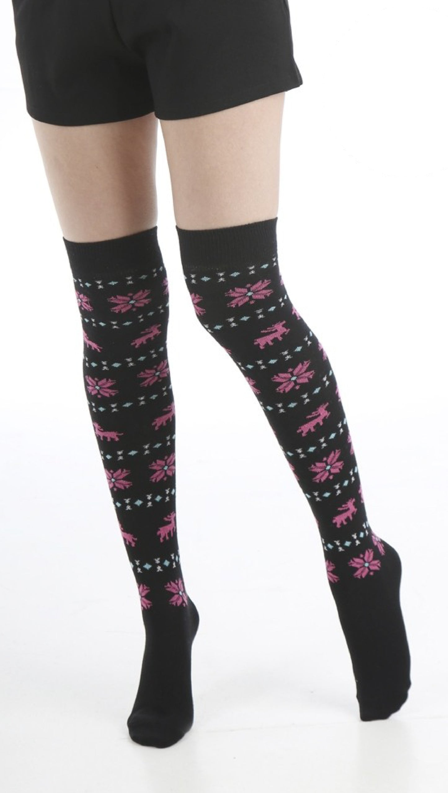 Pamela Mann Xmas Reindeer Over-Knee Socks - Christmas over the knee cotton socks with a fairisle style pattern of reindeers, snowflakes and diamond shapes. Available in black and pink