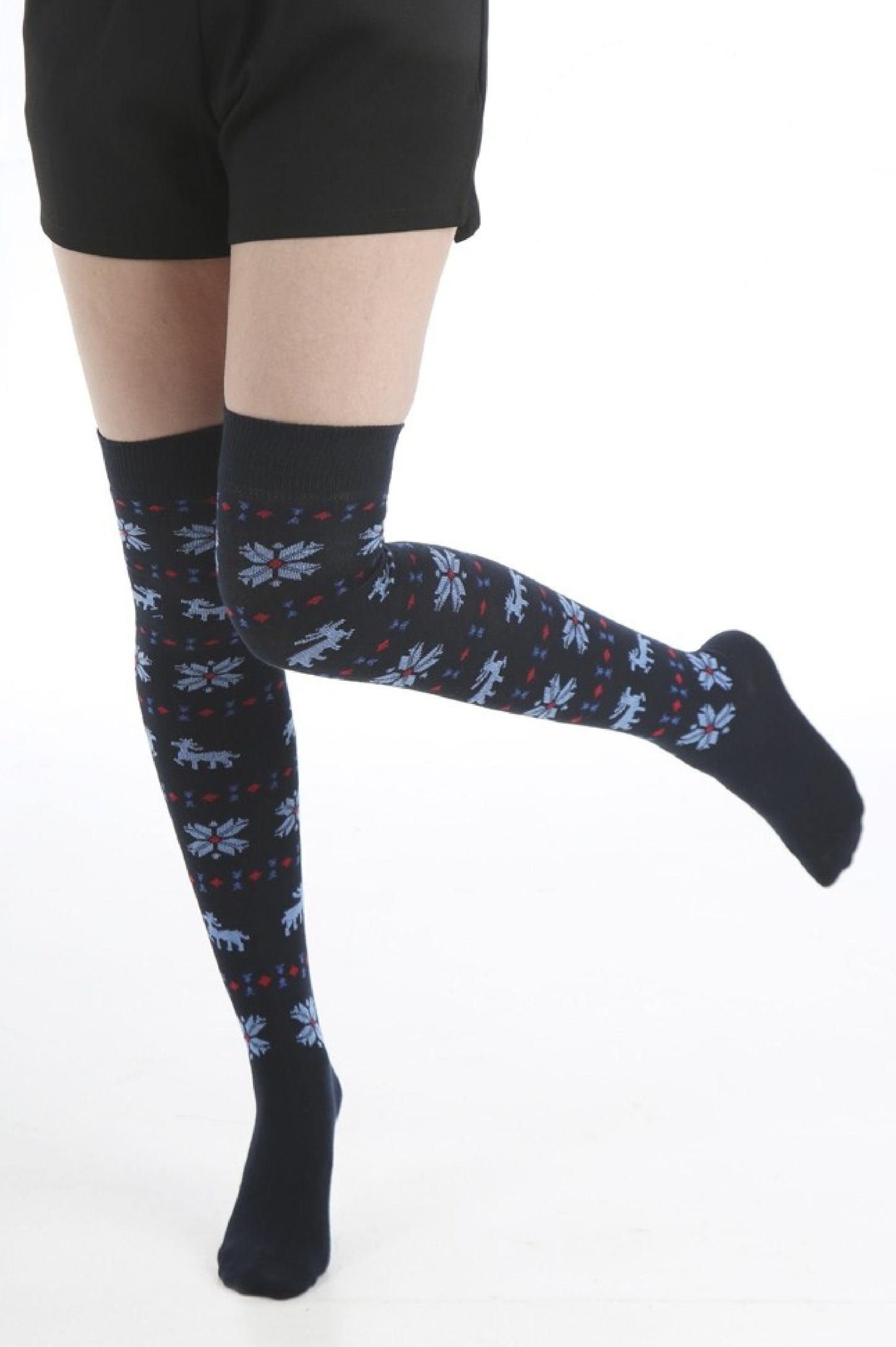 Pamela Mann Xmas Reindeer Over-Knee Socks - Christmas over the knee cotton socks with a fairisle style pattern of reindeers, snowflakes and diamond shapes. Available in navy, blue and red