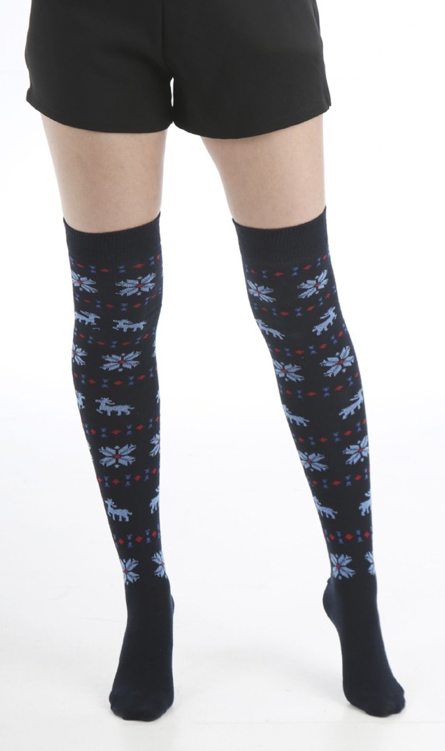 Pamela Mann Xmas Reindeer Over-Knee Socks - Christmas over the knee cotton socks with a fairisle style pattern of reindeers, snowflakes and diamond shapes. Available in navy, blue and red