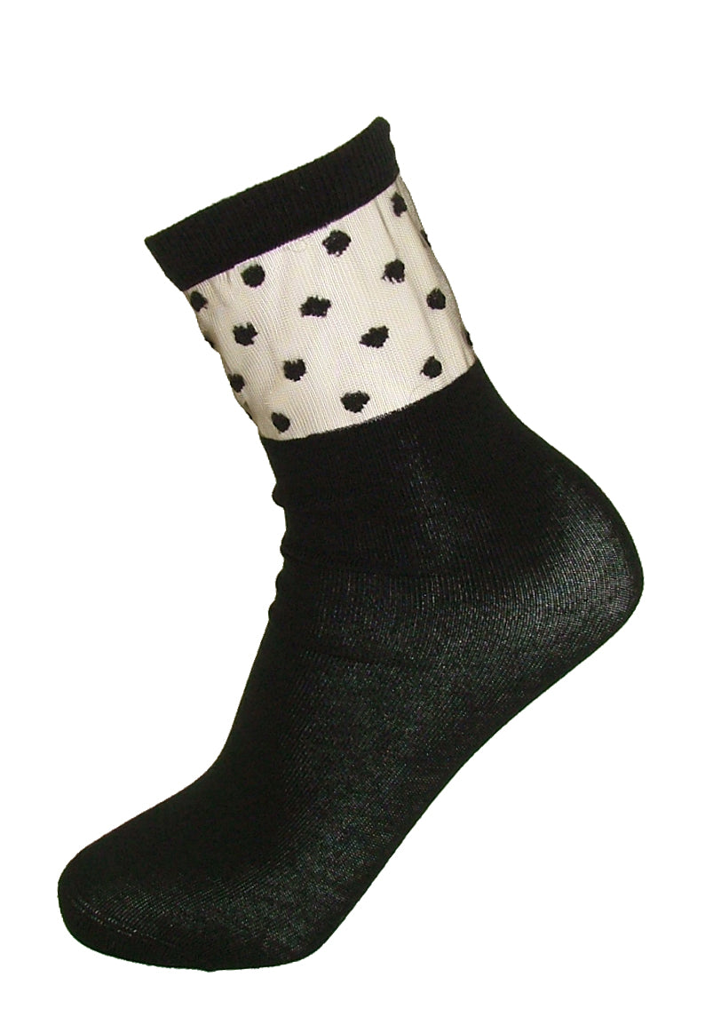 SiSi Decoro Calzino - black fashion ankle socks with a transparent sheer tulle panel and polka dots
