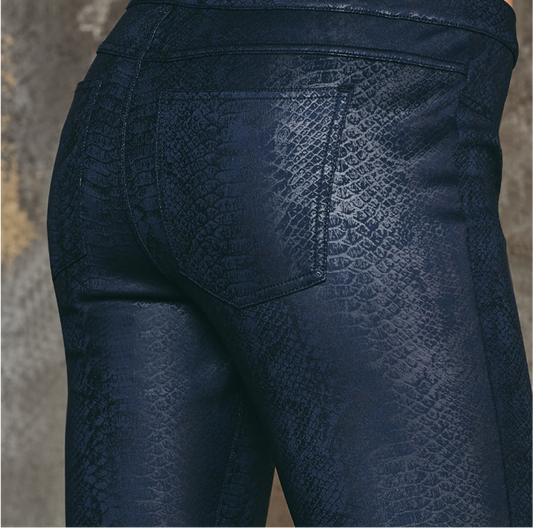 SiSi Y567SI Trendy Pantaleggings - Navy trouser leggings with black snake print pattern, back pockets, faux front pockets and fly stitching.