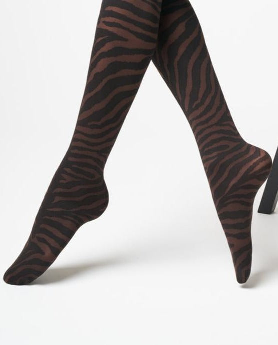 SiSi Zebrato Gambaletto - Dark grey micro mesh tulle effect fashion knee length socks with a black opaque woven zebra print pattern.