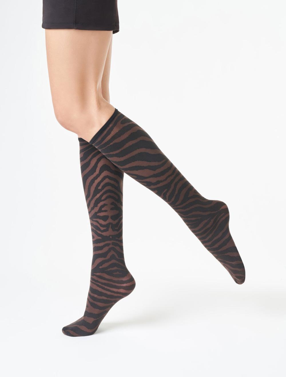 SiSi Zebrato Gambaletto - Brown micro mesh tulle effect fashion knee length socks with a black opaque woven zebra print pattern.