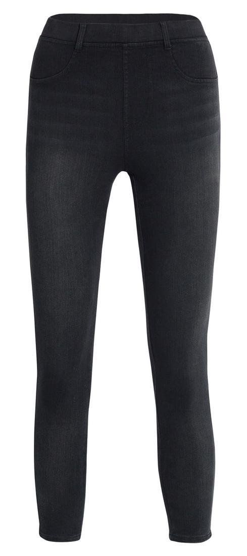 Ysabel Mora 70282 Bow Jeggings - Black mid rise stretch denim leggings with an open slit cuff to the back with a denim bow, rear pockets, belt loops and faux front pocket and fly stitching.