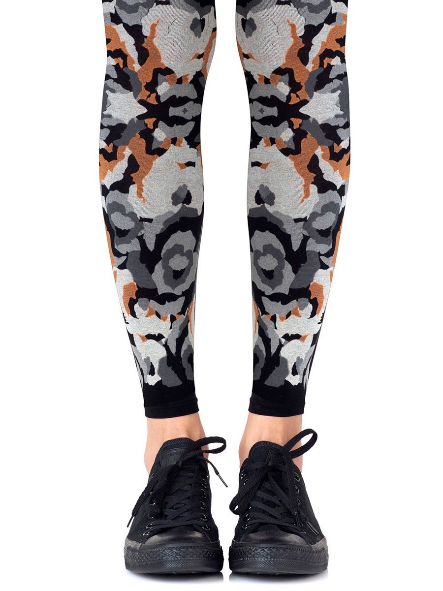 Zohara CR428-BGO Earth Goddess Footless Tights - Black opaque fashion footless tights with a swirl camouflage style print in shades of grey and rust orange.
