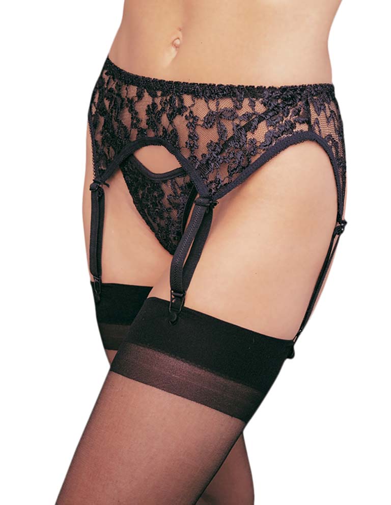 Black floral lace suspender belt with matching thong and plain top sheer black nylon stockings