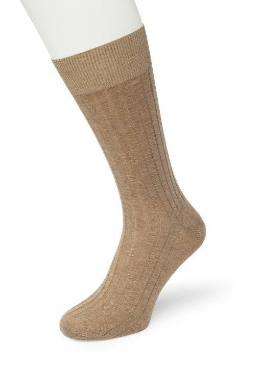 Bonnie Doon BL202103 Mens Ribbed Socks - Beige silky soft ribbed Tencel crew length dress socks with a shaped heel, flat toe seam and deep elasticated comfort cuff.