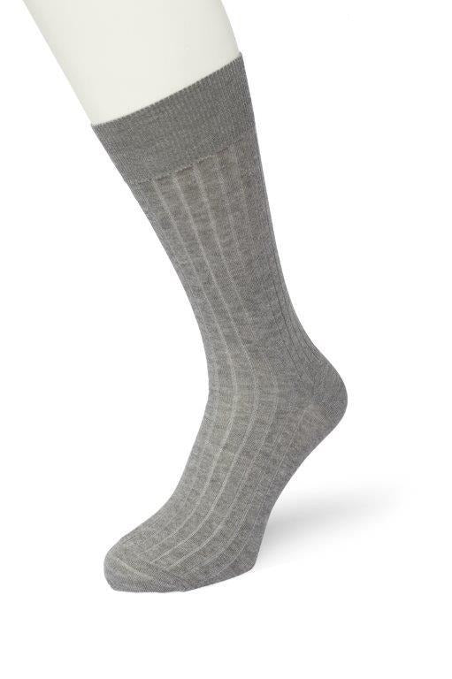 Bonnie Doon BL202103 Mens Ribbed Socks - Light grey silky soft ribbed Tencel crew length dress socks with a shaped heel, flat toe seam and deep elasticated comfort cuff.