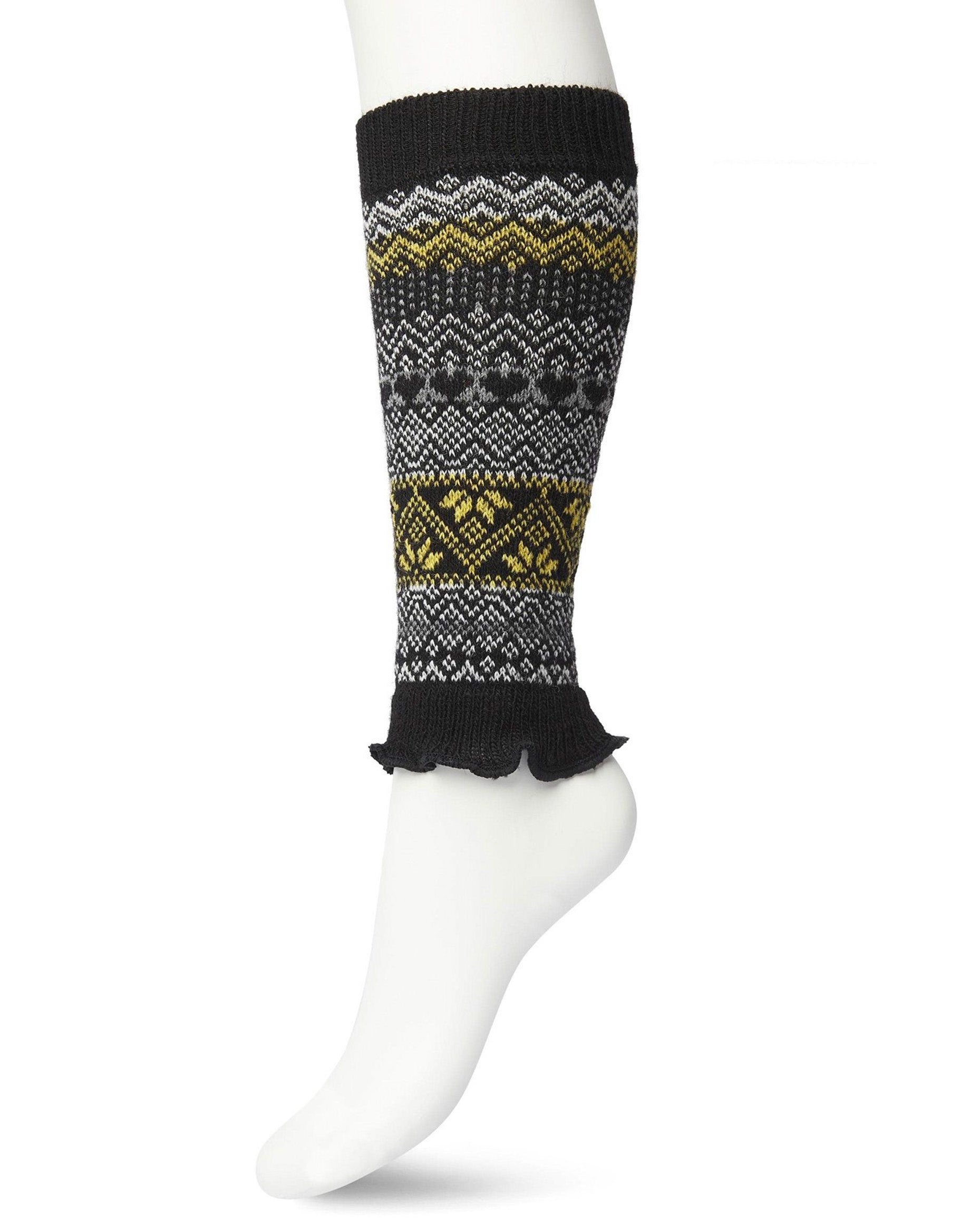 Bonnie Doon BP051729 Folkloric Legwarmers - Black, yellow and white warm and soft knee length knitted leg-warmers with a fairisle style pattern, elasticated cuff and frill edge.