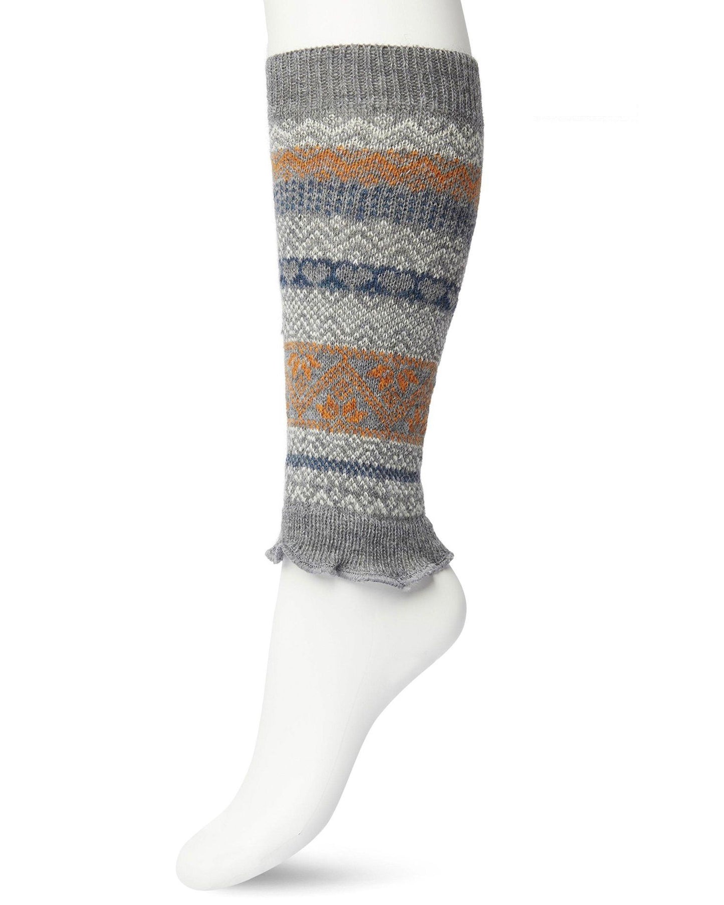 Bonnie Doon BP051729 Folkloric Legwarmers - Grey, orange, navy and white warm and soft knee length knitted leg-warmers with a fairisle style pattern, elasticated cuff and frill edge.